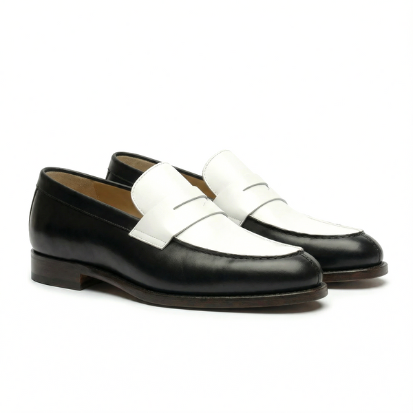 The Collegiate Black/White Leather Penny Loafers Black/White / 10.5 / D The Collegiate Black/White Leather Penny Loafers Black/White / 10.5 / D