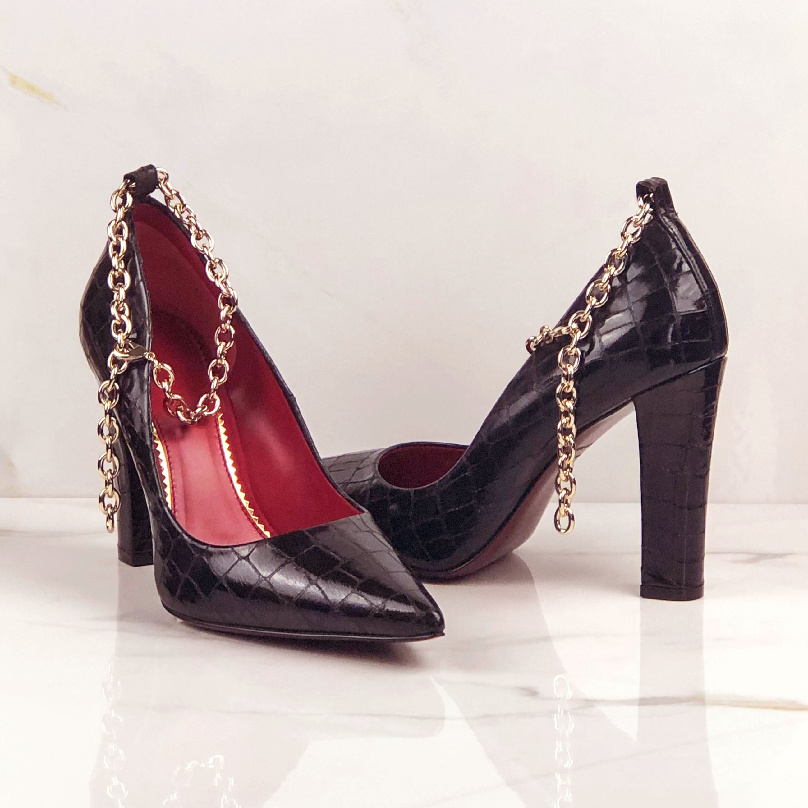 Ankle Chain Pumps (Black Croco)