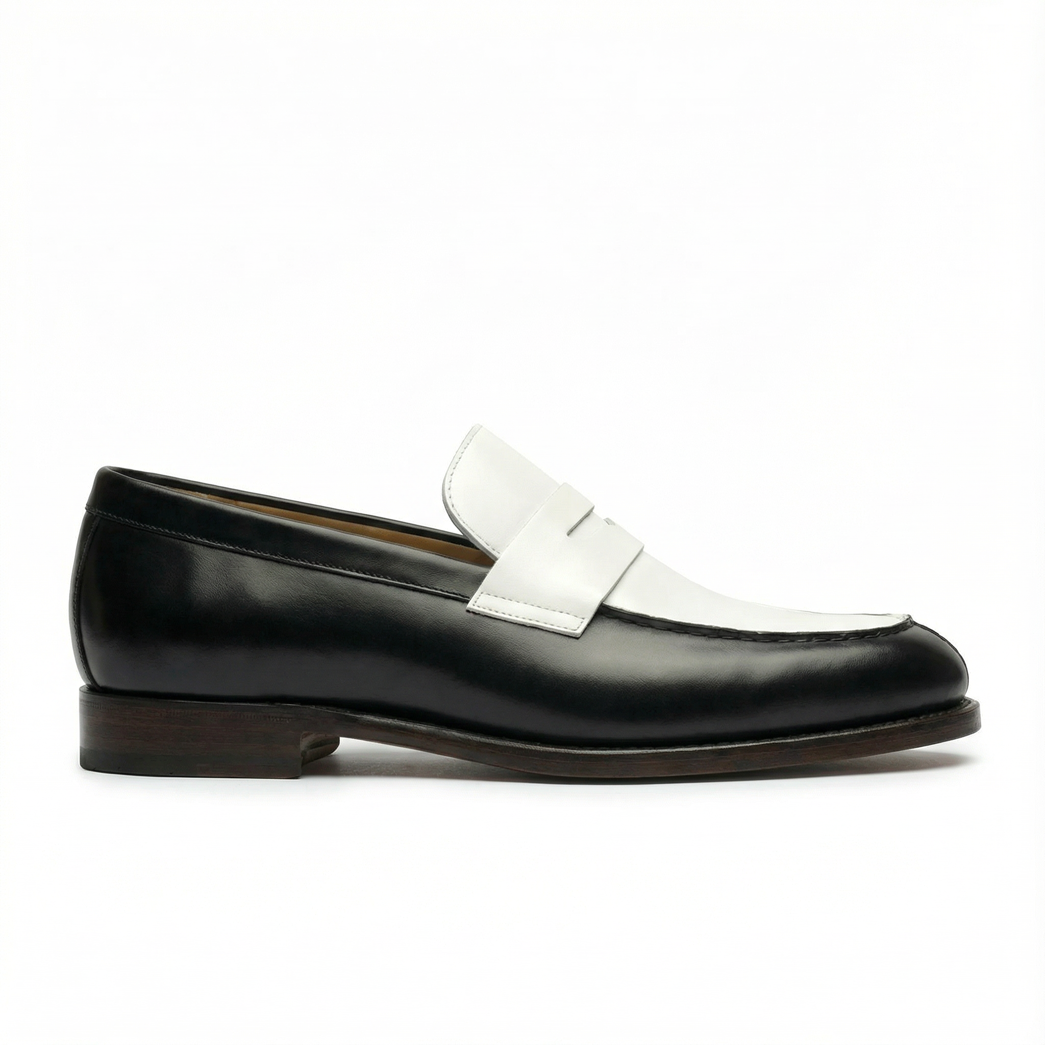 The Collegiate Black/White Leather Penny Loafers