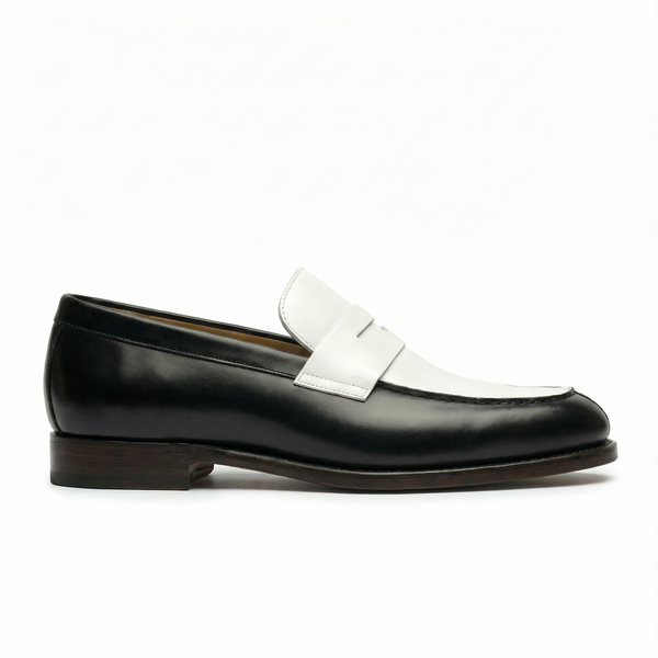 The Collegiate Black/White Leather Penny Loafers