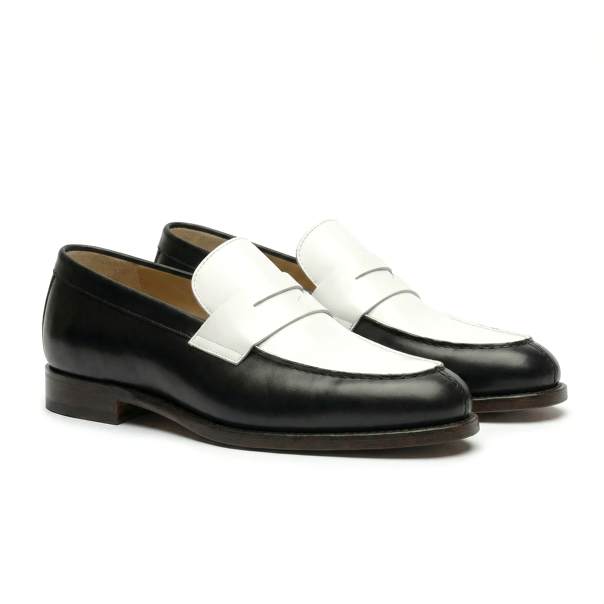The Collegiate Black/White Leather Penny Loafers