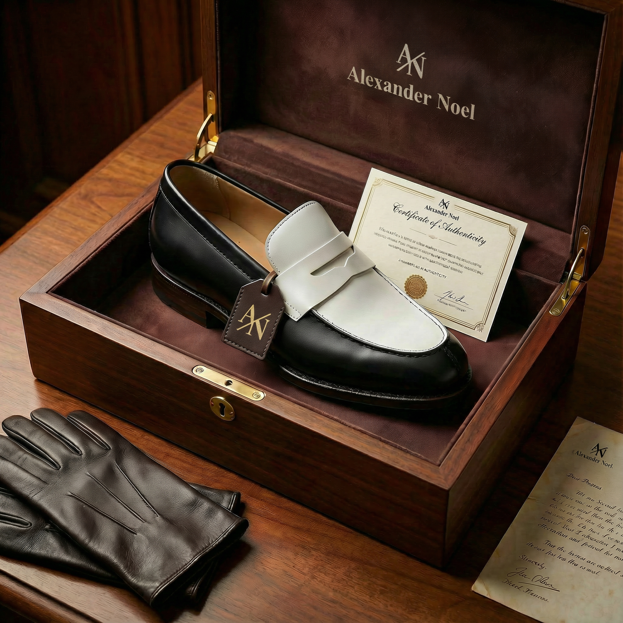 The Collegiate Black/White Leather Penny Loafers