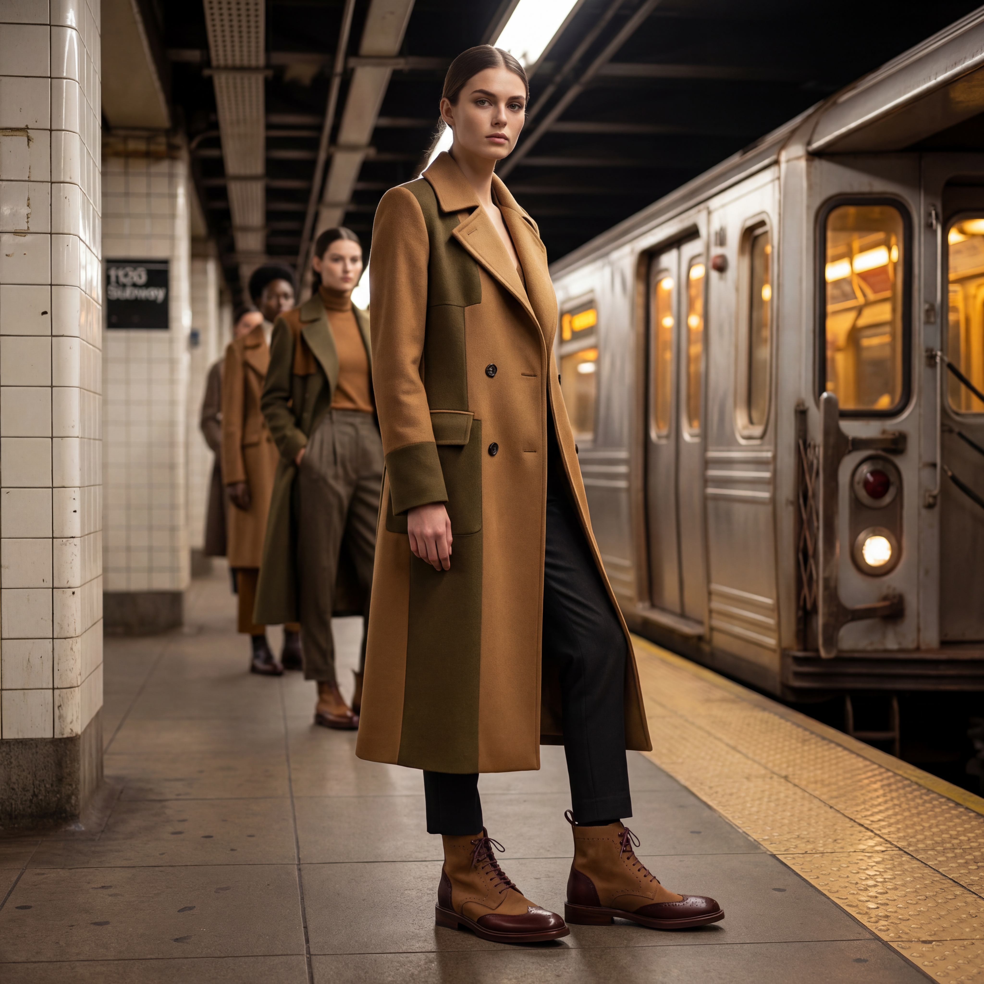 Woman in a long coat standing on a subway platform with a train in the background